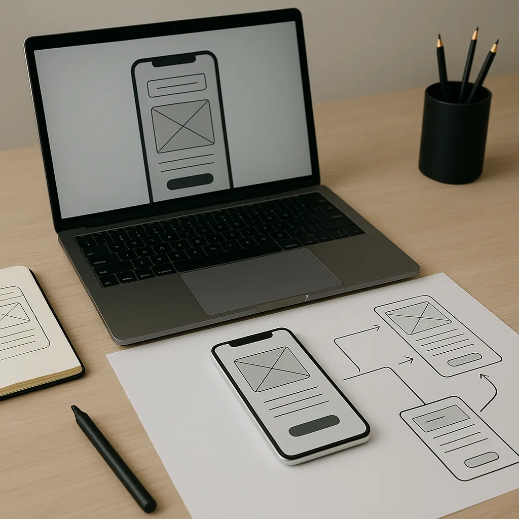 Laptop met mobiel app prototype, naast getekende wireframes en smartphone op houten bureau