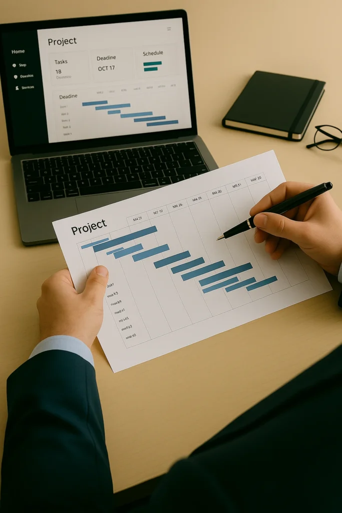 Persoon in pak bekijkt een geprinte Gantt-chart naast een laptop met projectoverzicht.