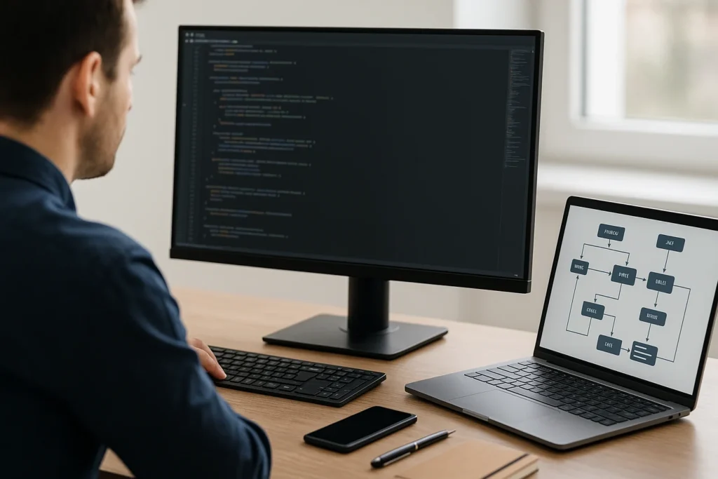Ontwikkelaar programmeert op dubbele monitoropstelling met code en UI in beeld.