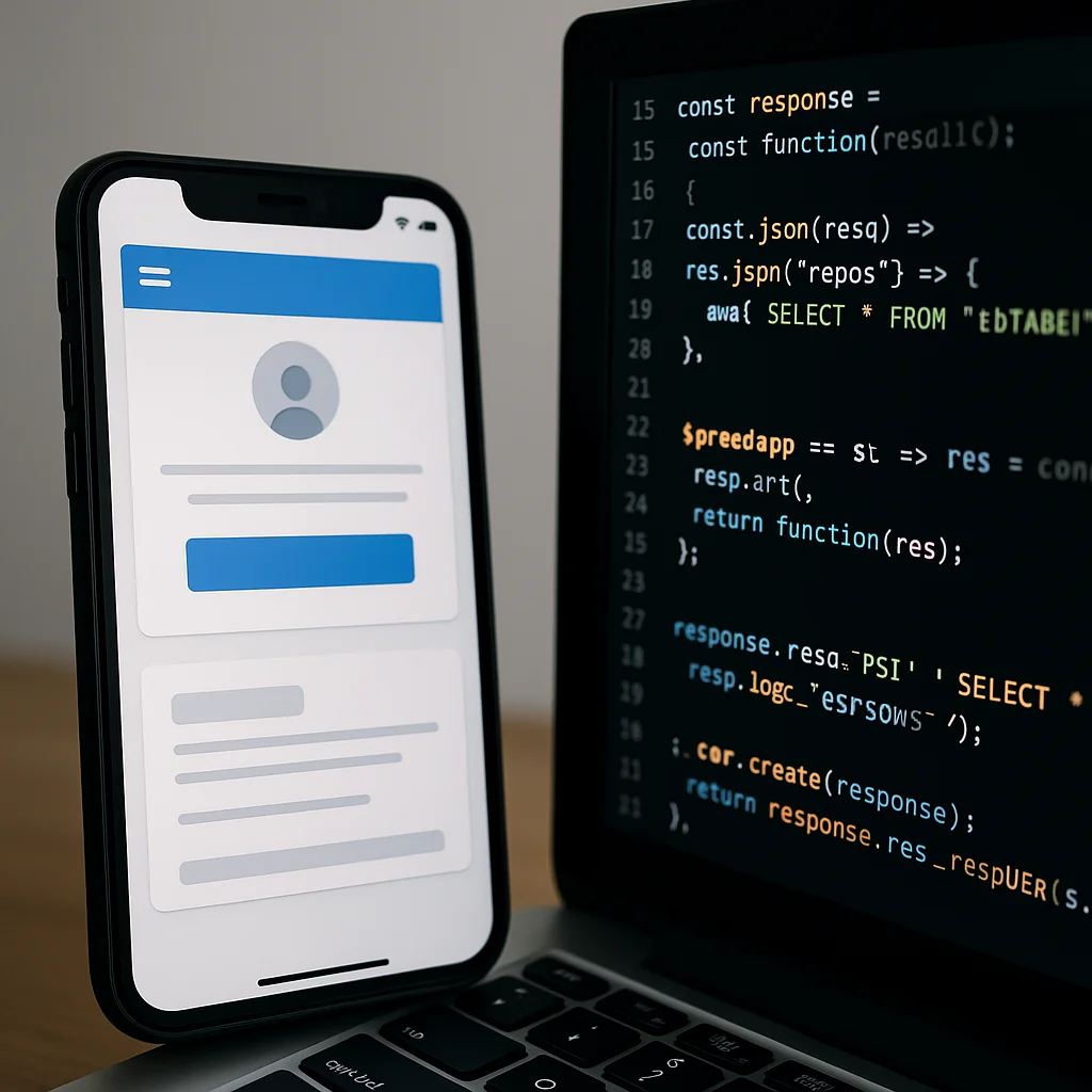Smartphone met UI naast monitor met backend code als visuele vergelijking tussen frontend en backend