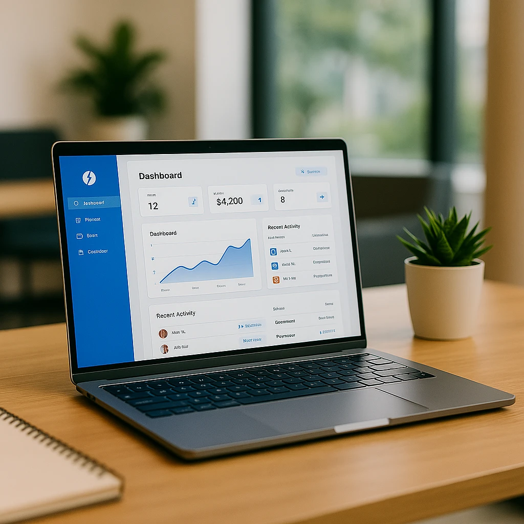 Laptop met web app dashboard open op een houten bureau in een moderne kantooromgeving.
