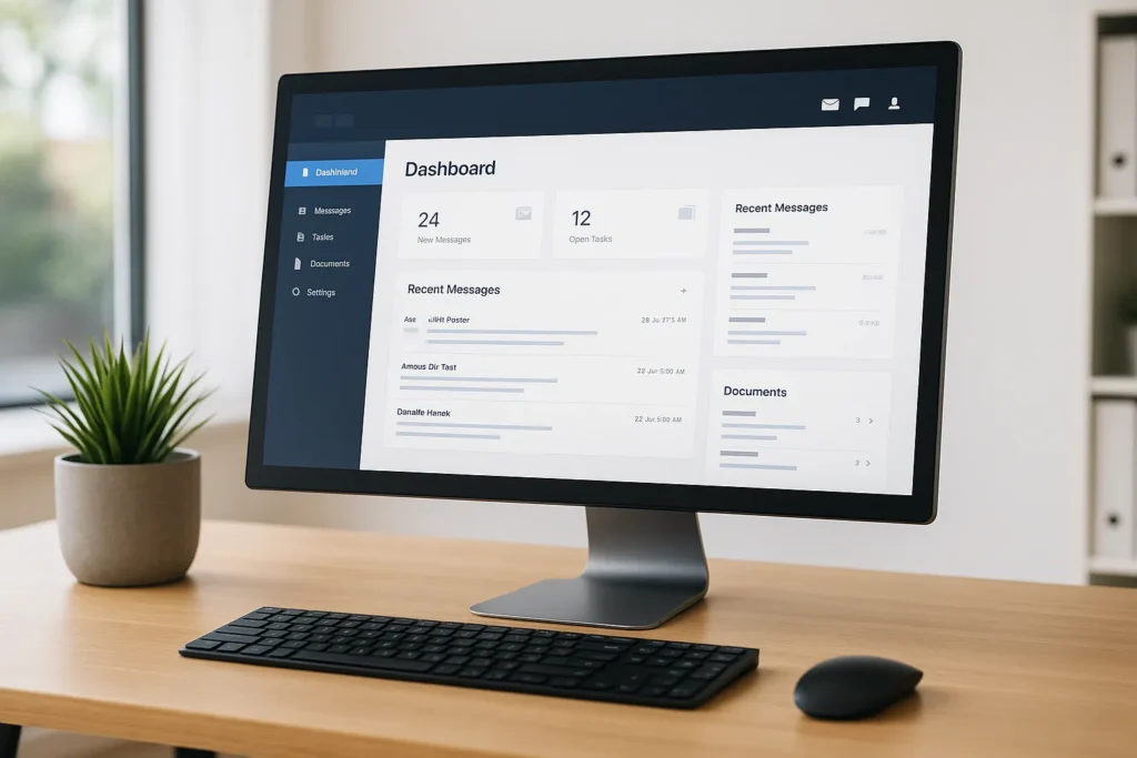 Webapp dashboard zichtbaar op computerscherm in modern kantoor met natuurlijk licht.