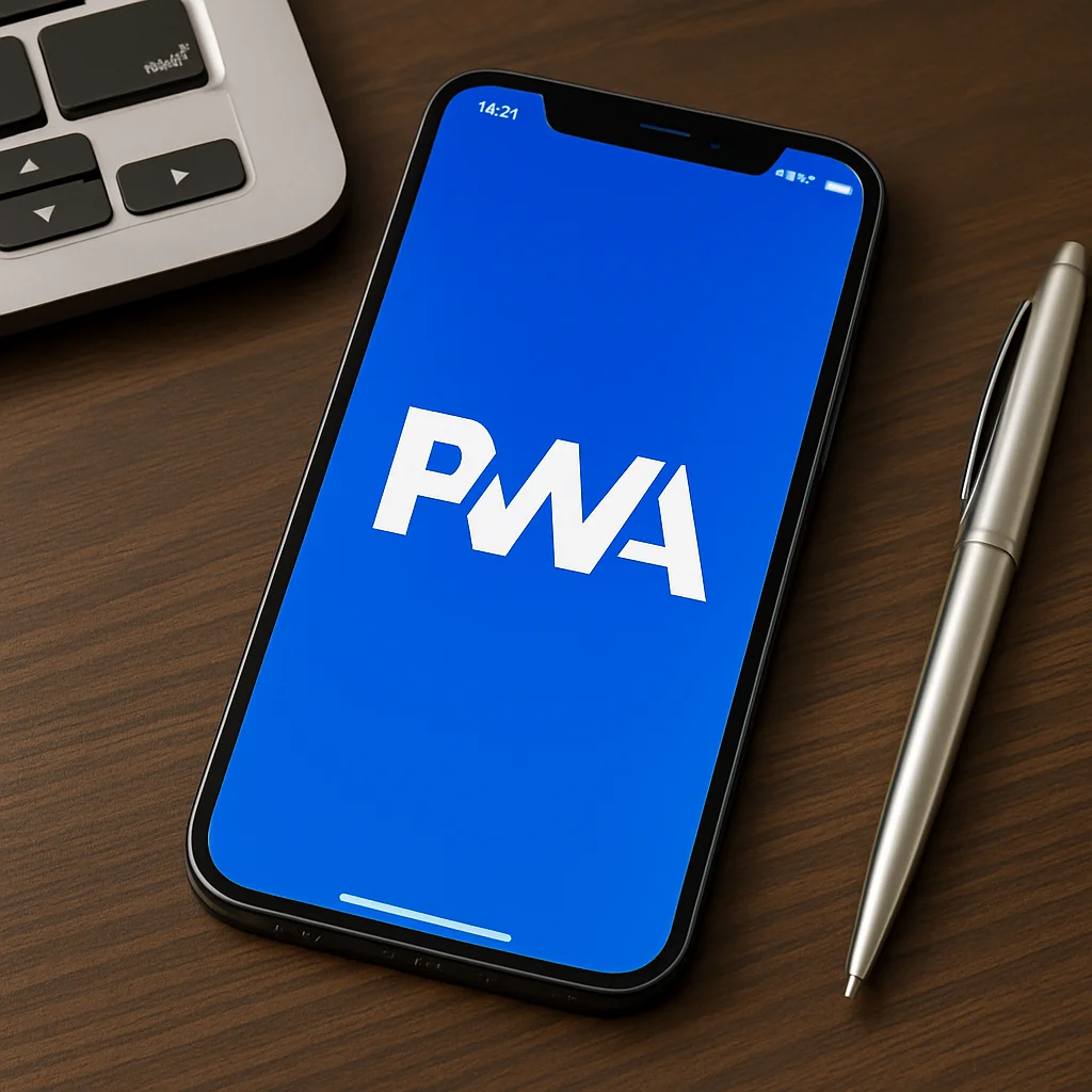 Smartphone met PWA scherm naast laptop en pen op houten bureau