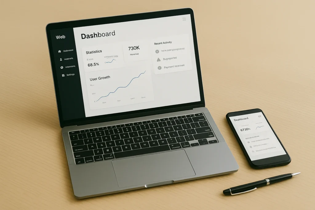 Open laptop met een dashboardinterface naast een smartphone met een bijpassende weergave, geplaatst op een licht houten bureau.
