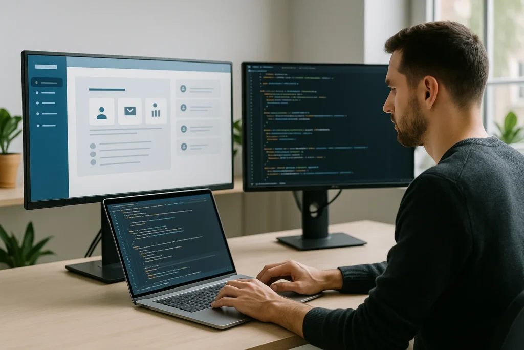 Ontwikkelaar werkt aan een schaalbare webapplicatie met dashboard op monitoren en code op laptop in een lichte kantooromgeving.