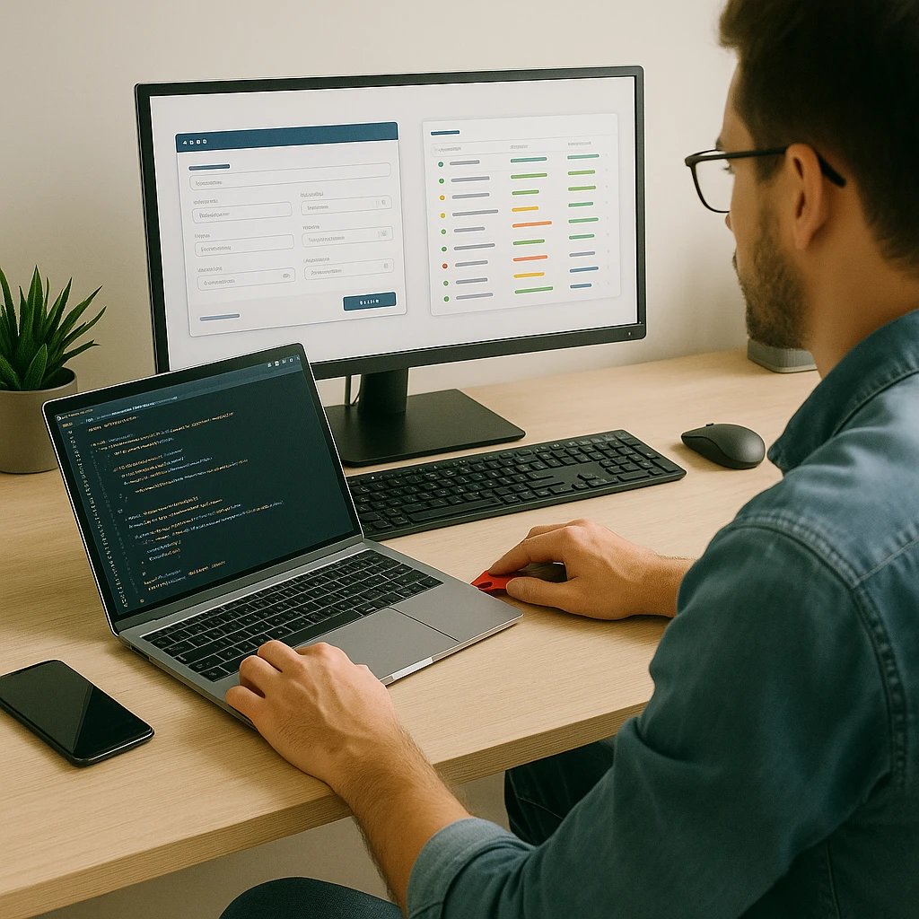 Softwareontwikkelaar werkt aan laptop en monitor met webapplicaties en code.