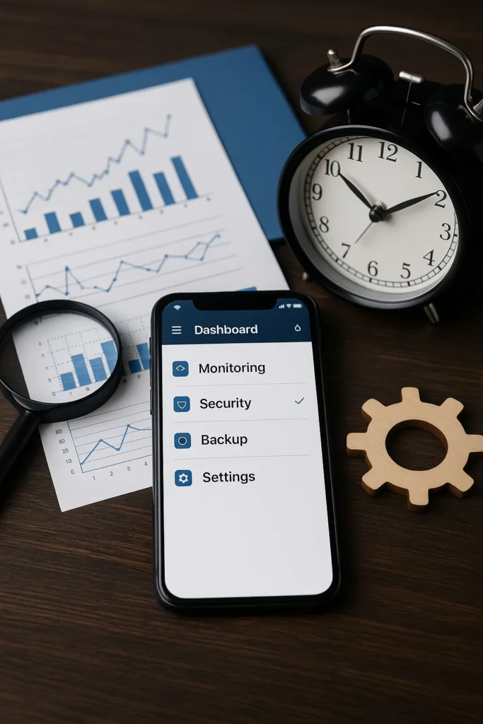 Smartphone met dashboard voor monitoring, security en back-ups naast grafieken en klok