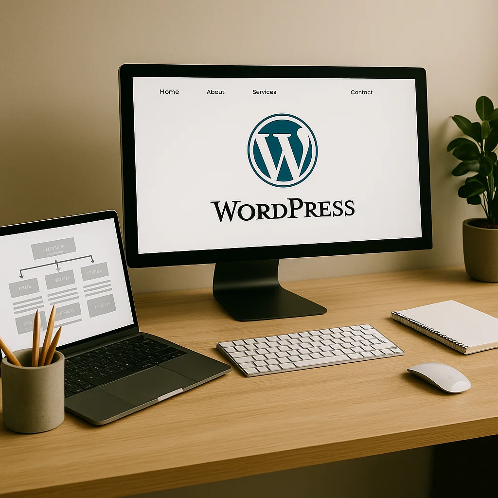 Minimalistische werkplek met WordPress logo op computerscherm.
