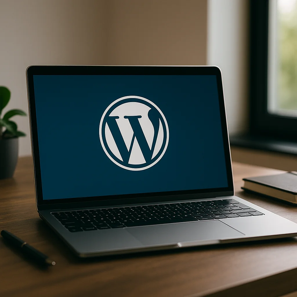 Laptop op bureau met WordPress logo op het scherm, symbool voor een professionele WordPress-website