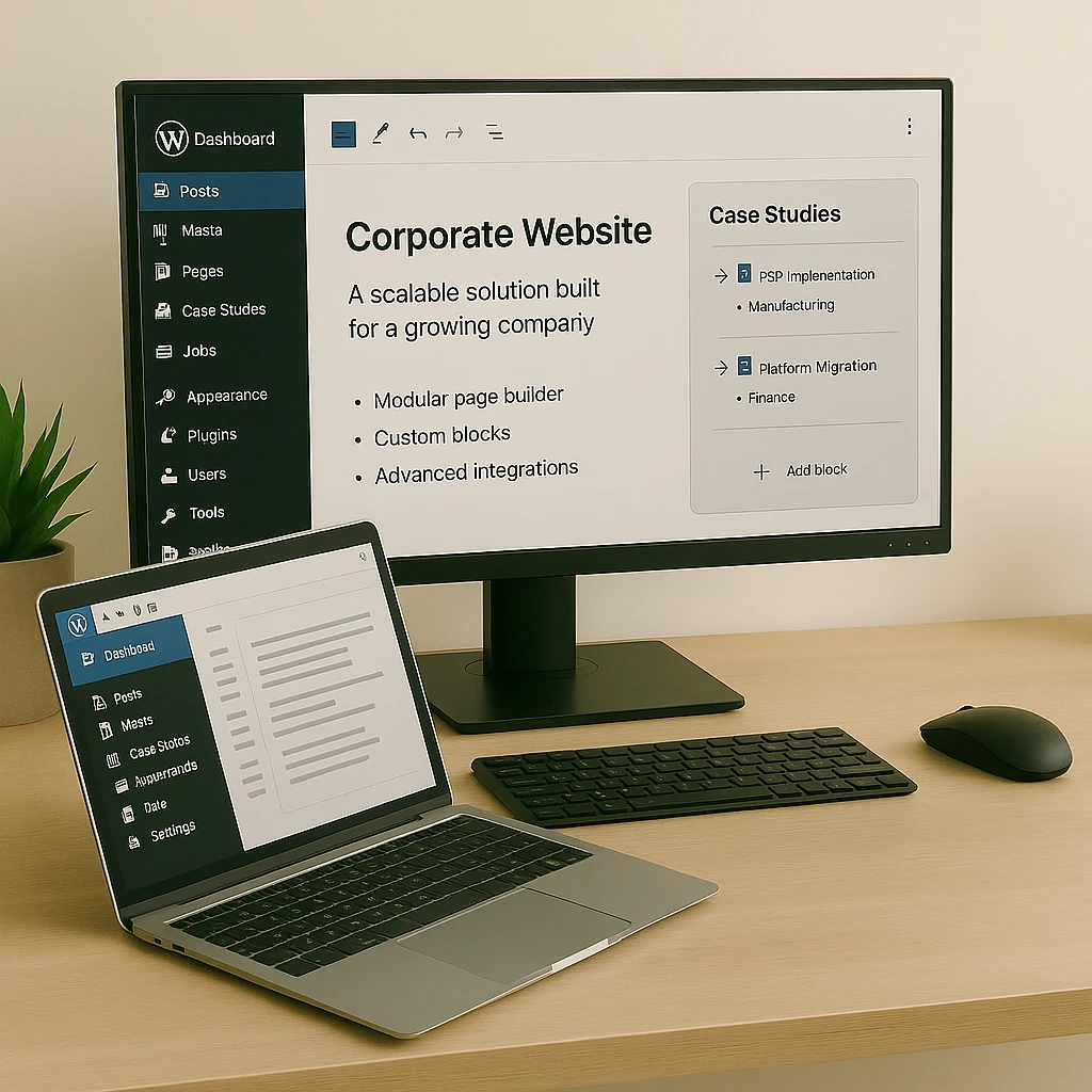 Bureau met laptop en extern scherm waarop WordPress interface zichtbaar is.