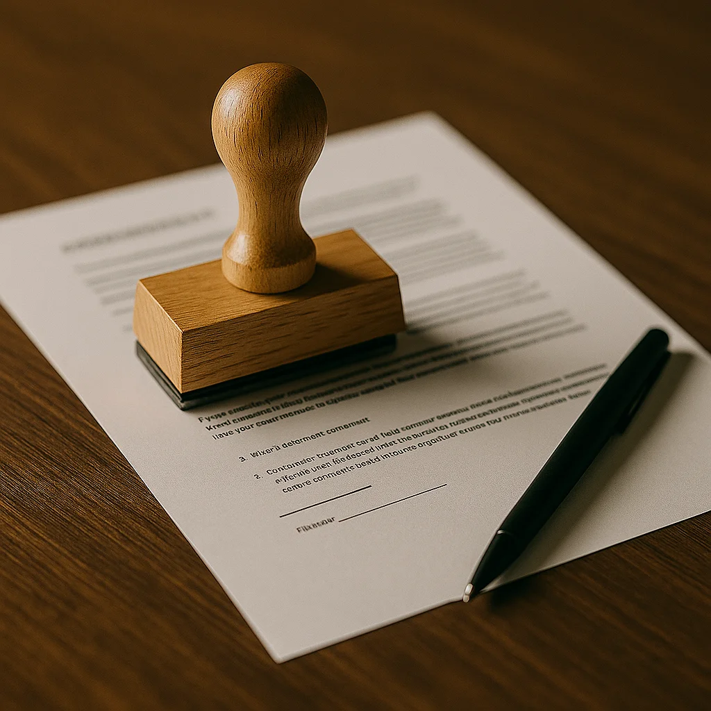 Houten stempel op contract met pen op houten bureau symbool voor duidelijke prijsafspraken en offerte