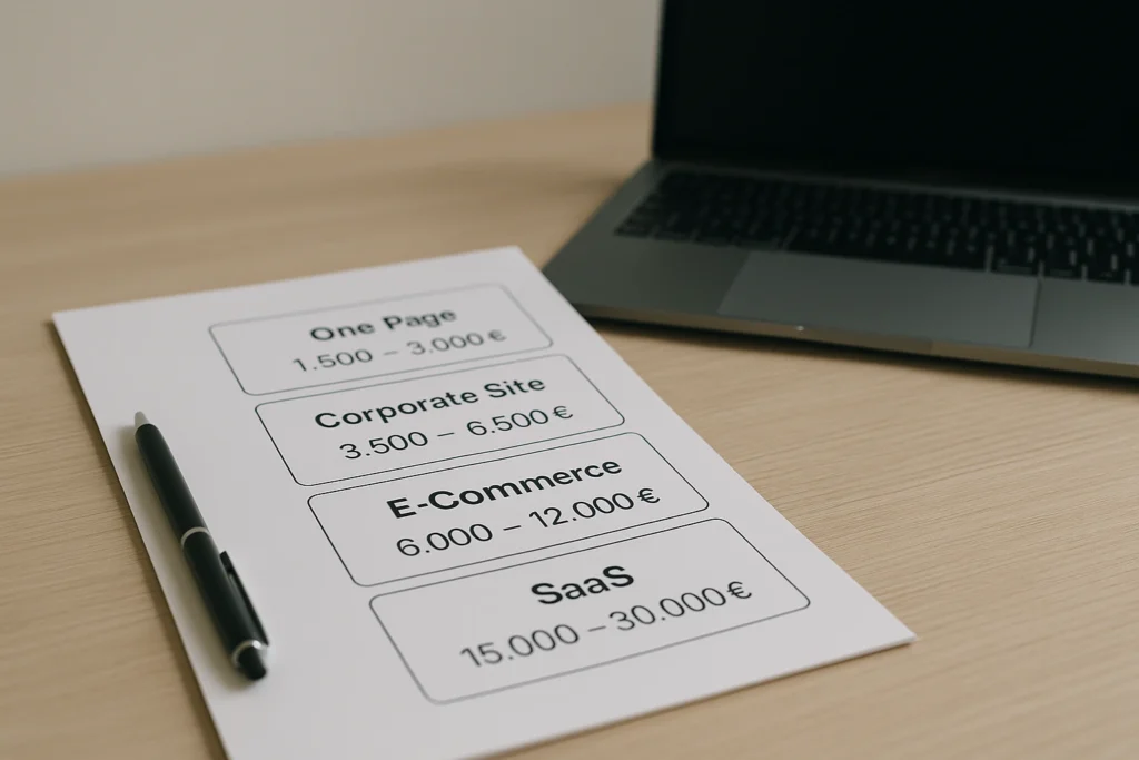 Professionele bureausetting met prijsoverzicht voor websites op papier en laptop op de achtergrond.