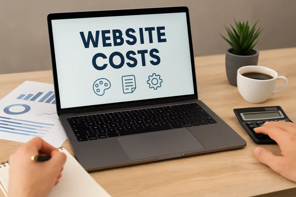 Laptop met kostenoverzicht voor website laten maken, calculator en notities op een bureau.
