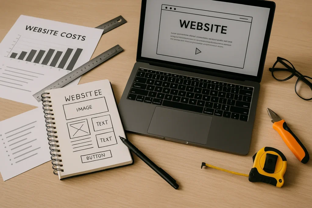 Werkplek met laptop, wireframe schets en kostenoverzicht voor websiteontwikkeling.