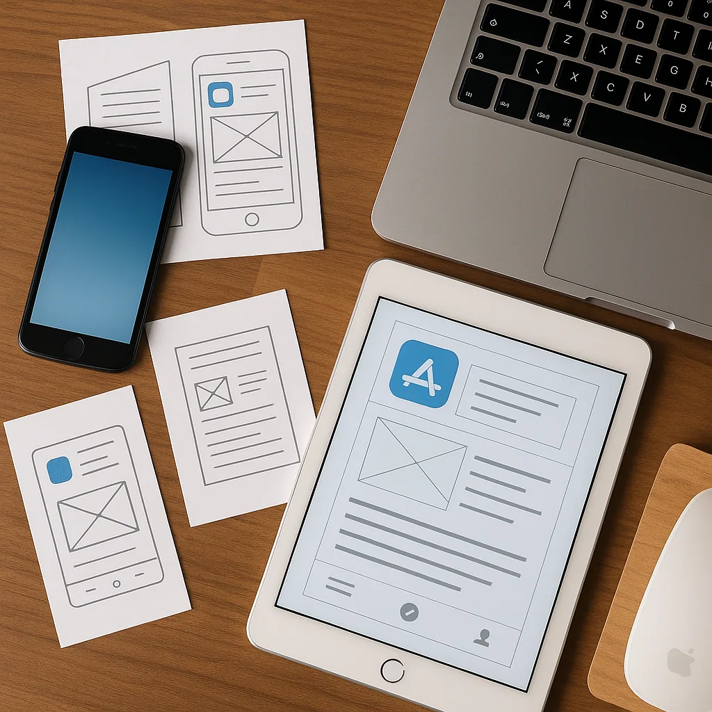 Smartphone, tablet en laptop met wireframes en app-ontwerpen op een houten bureau.