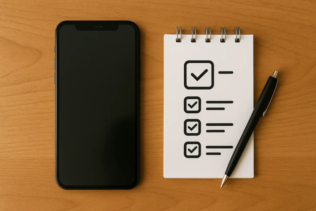 Smartphone naast notitieblok met checklist op houten tafel.