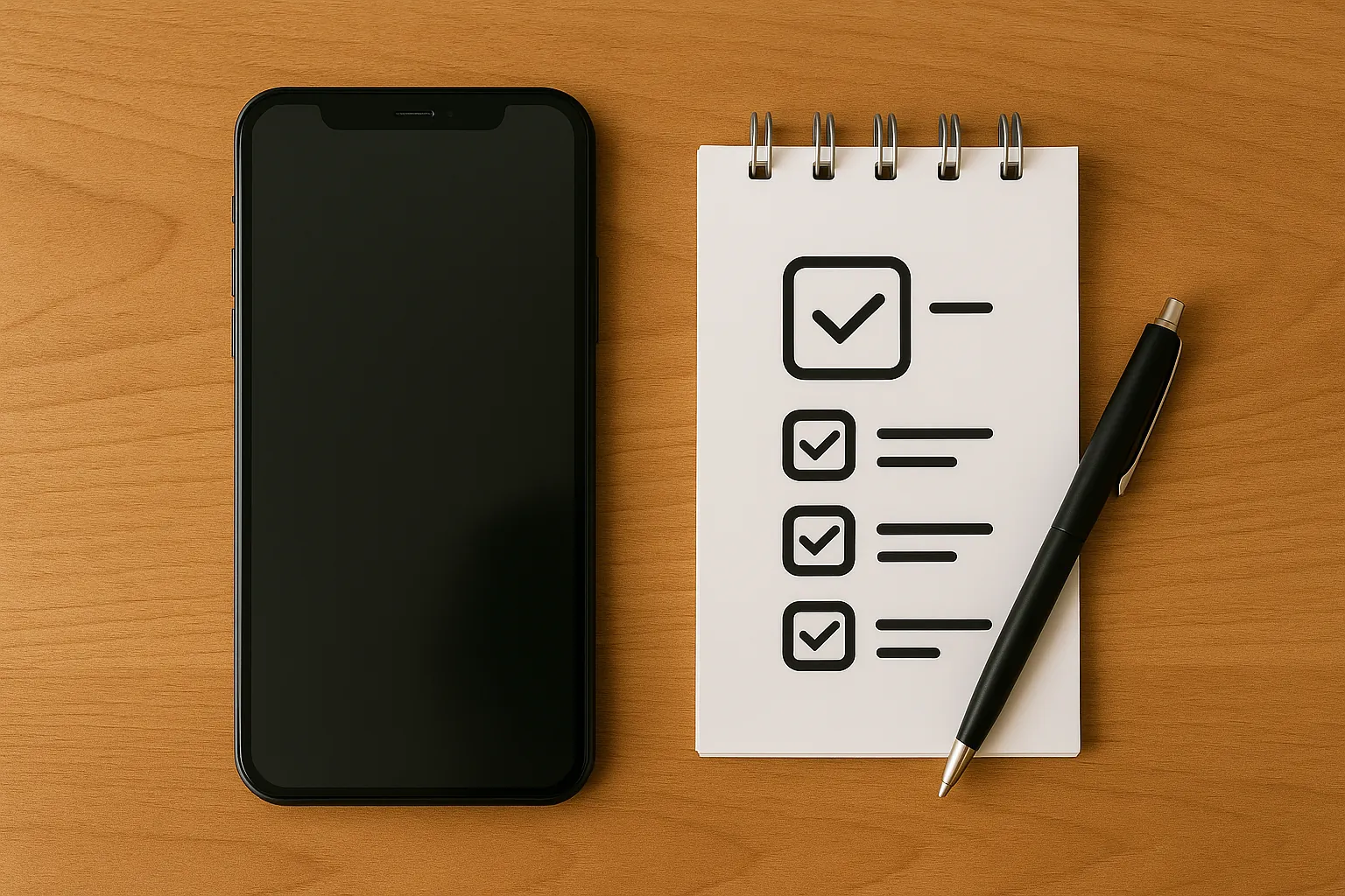 Smartphone naast notitieblok met checklist op houten tafel.