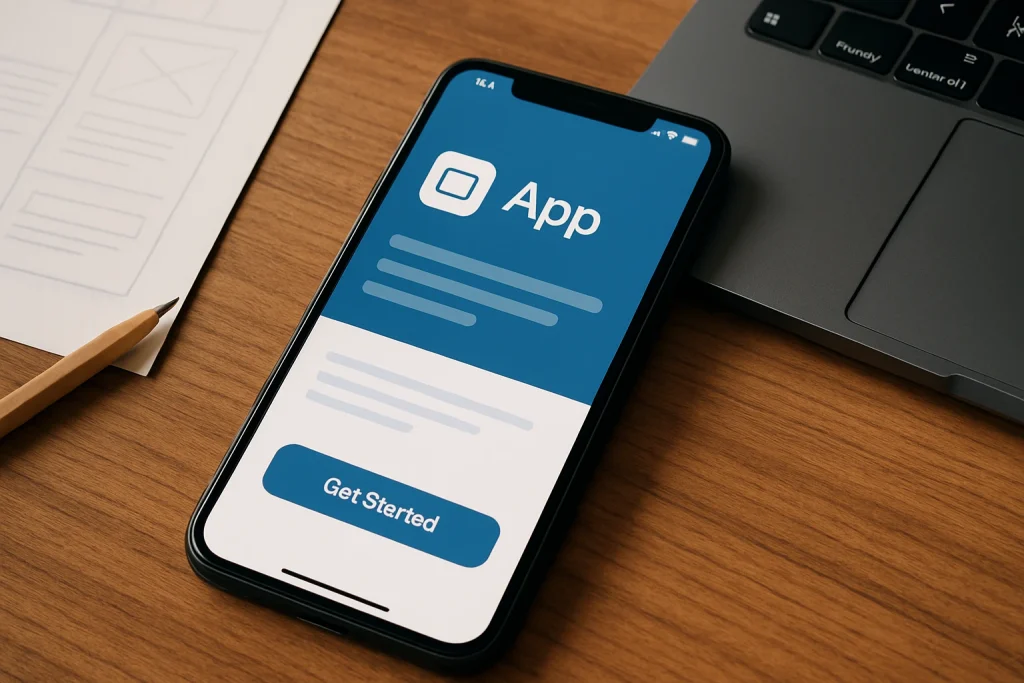 Smartphone met app-ontwerp en wireframes op bureau tijdens ontwikkelproces.