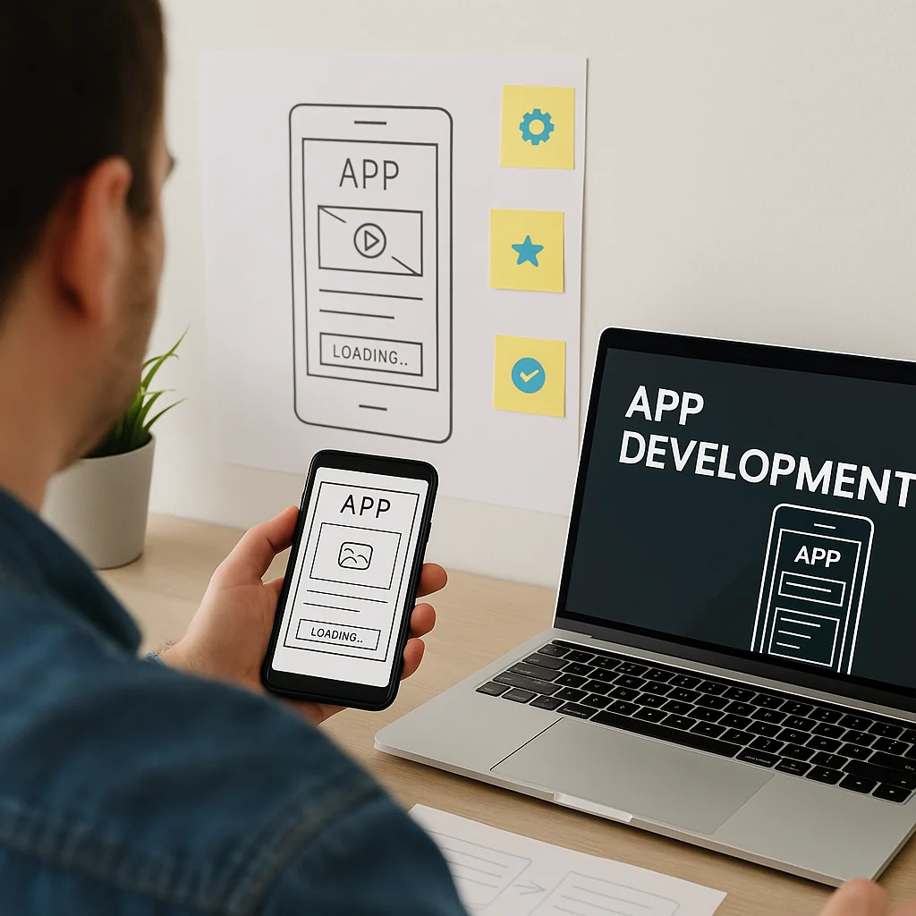 Ontwerper test app-wireframes op smartphone naast laptop met UI schetsen aan de muur