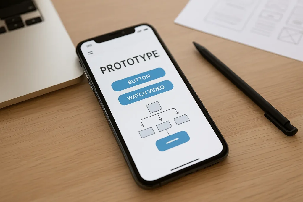 Smartphone met prototype-app op het scherm, liggend op een houten bureau naast een laptop en een zwarte pen.
