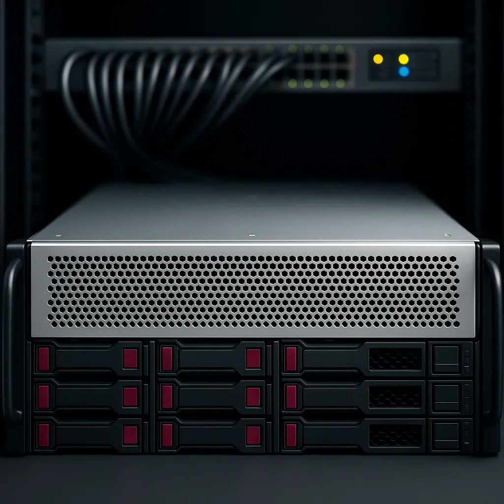 Dedicated server in een rack met netwerkverbindingen en indicatorlichten