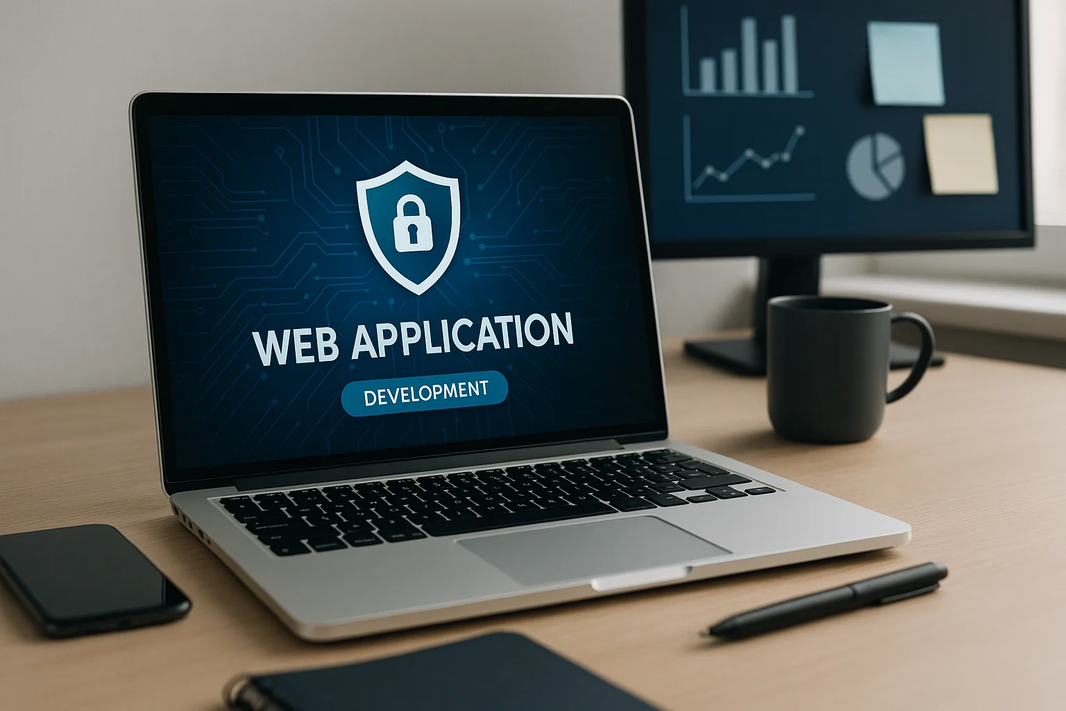 Ontwikkelaar werkt aan webapplicatie op laptop met extra monitor.