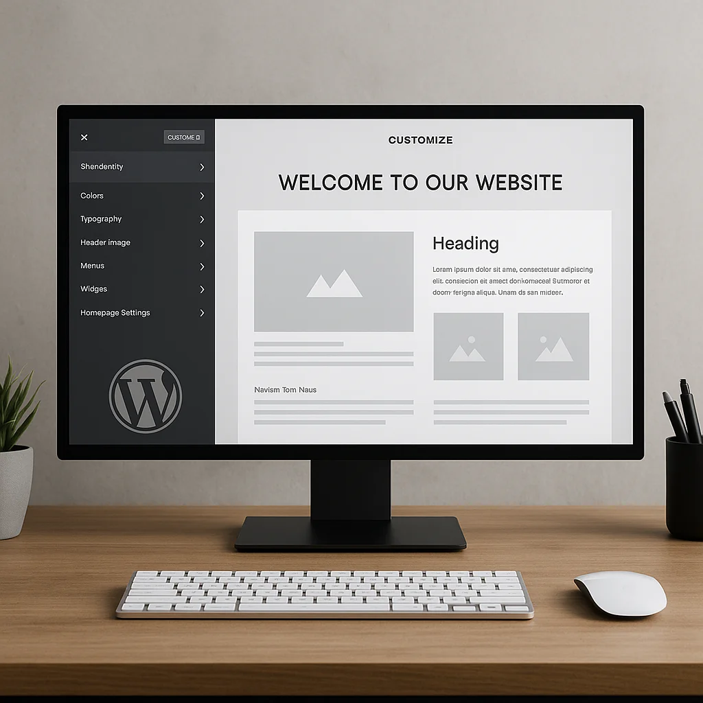 Computer op bureau met WordPress-customizer op het scherm, symbool voor maatwerk websites in WordPress.