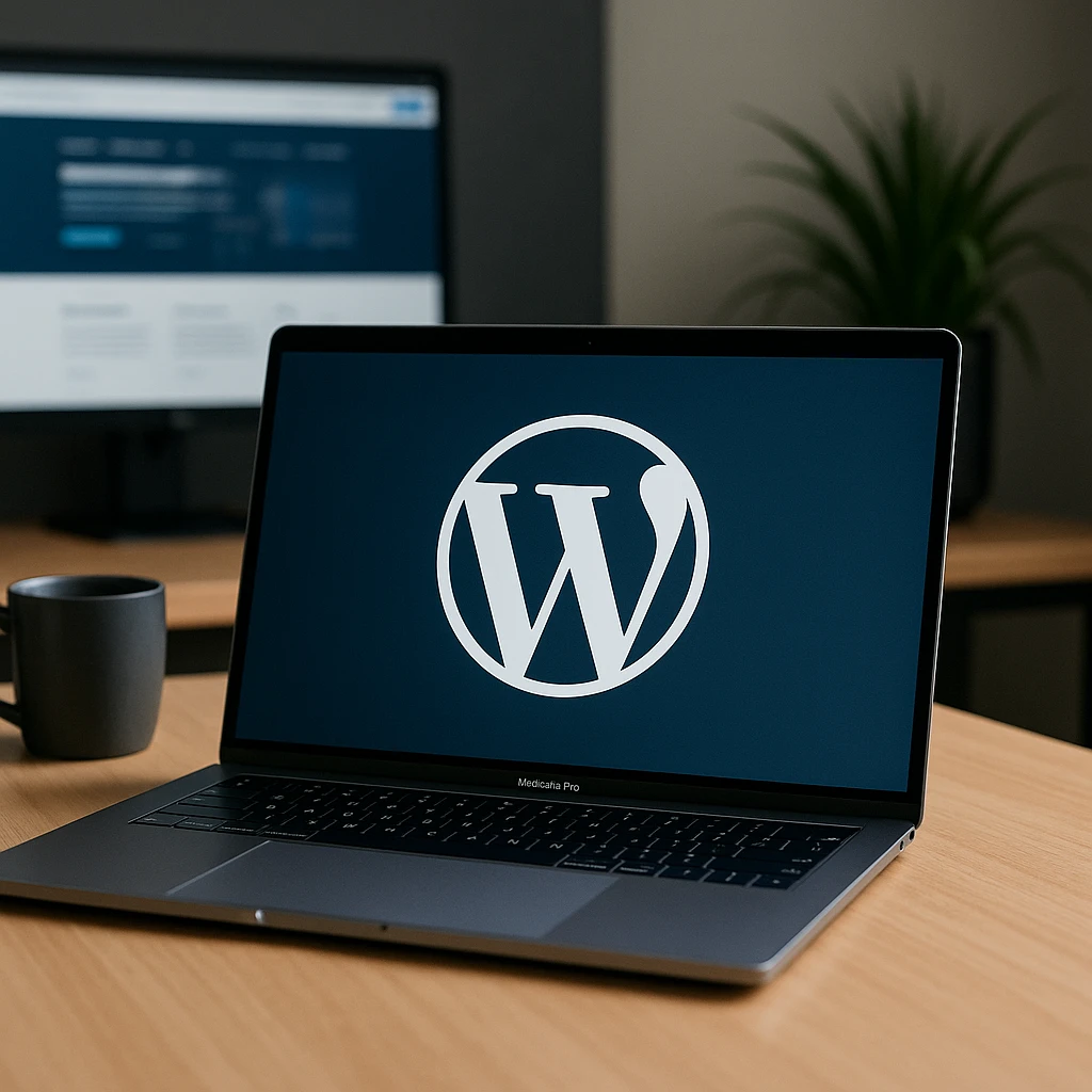 Laptop met WordPress-scherm op modern bureau, zakelijke websiteontwikkeling