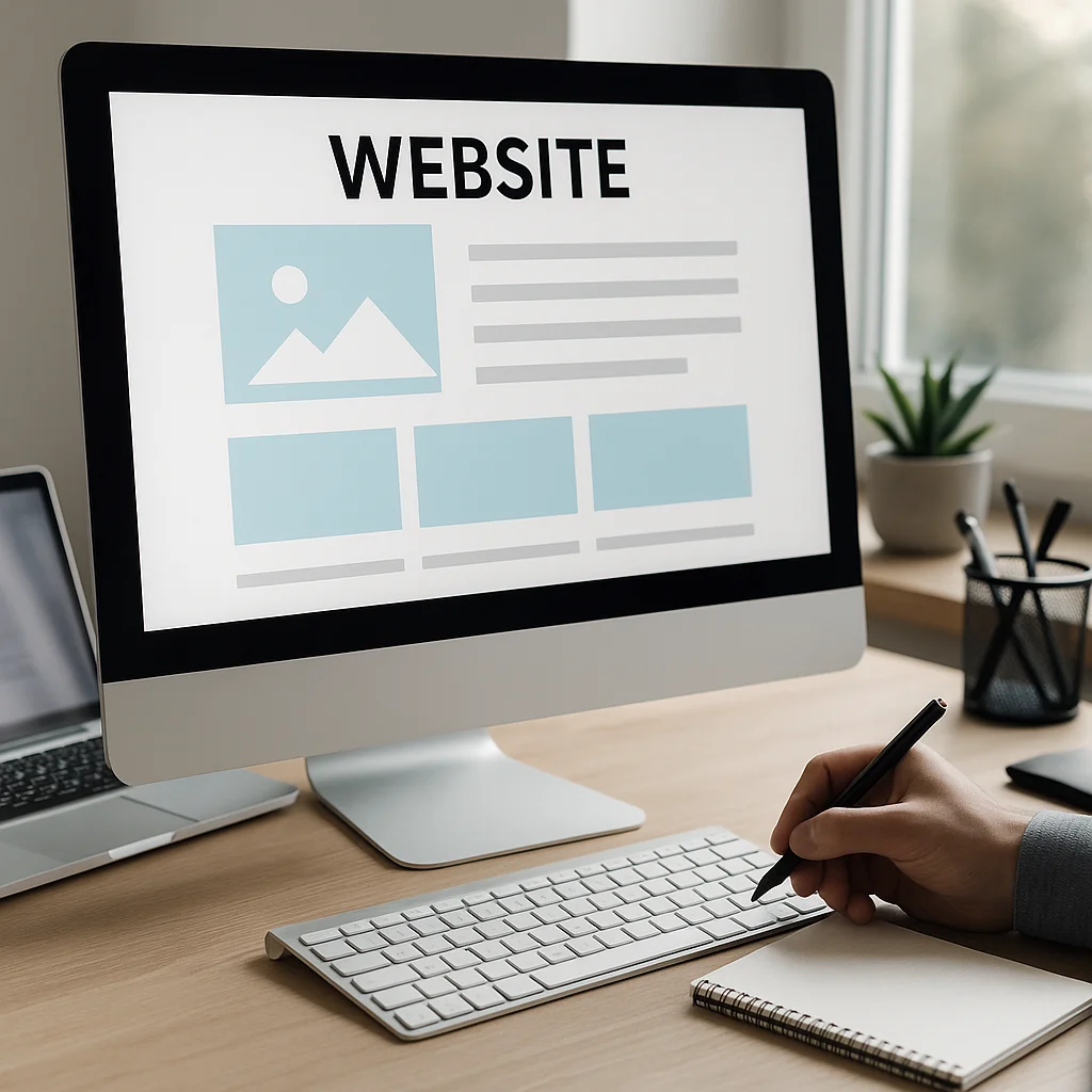 Moderne werkplek met computer waarop een website wireframe zichtbaar is