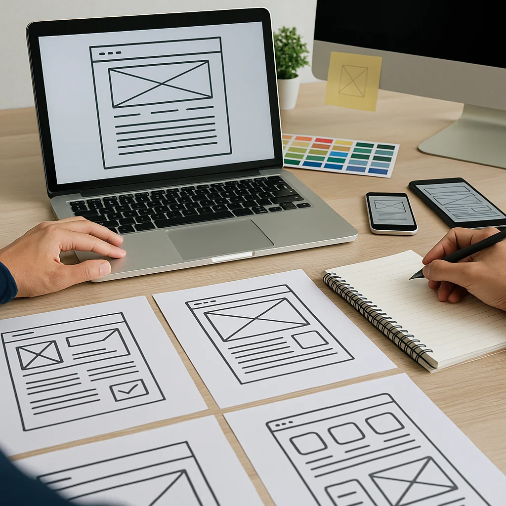 UX-designer maakt wireframes voor website op laptop en papier