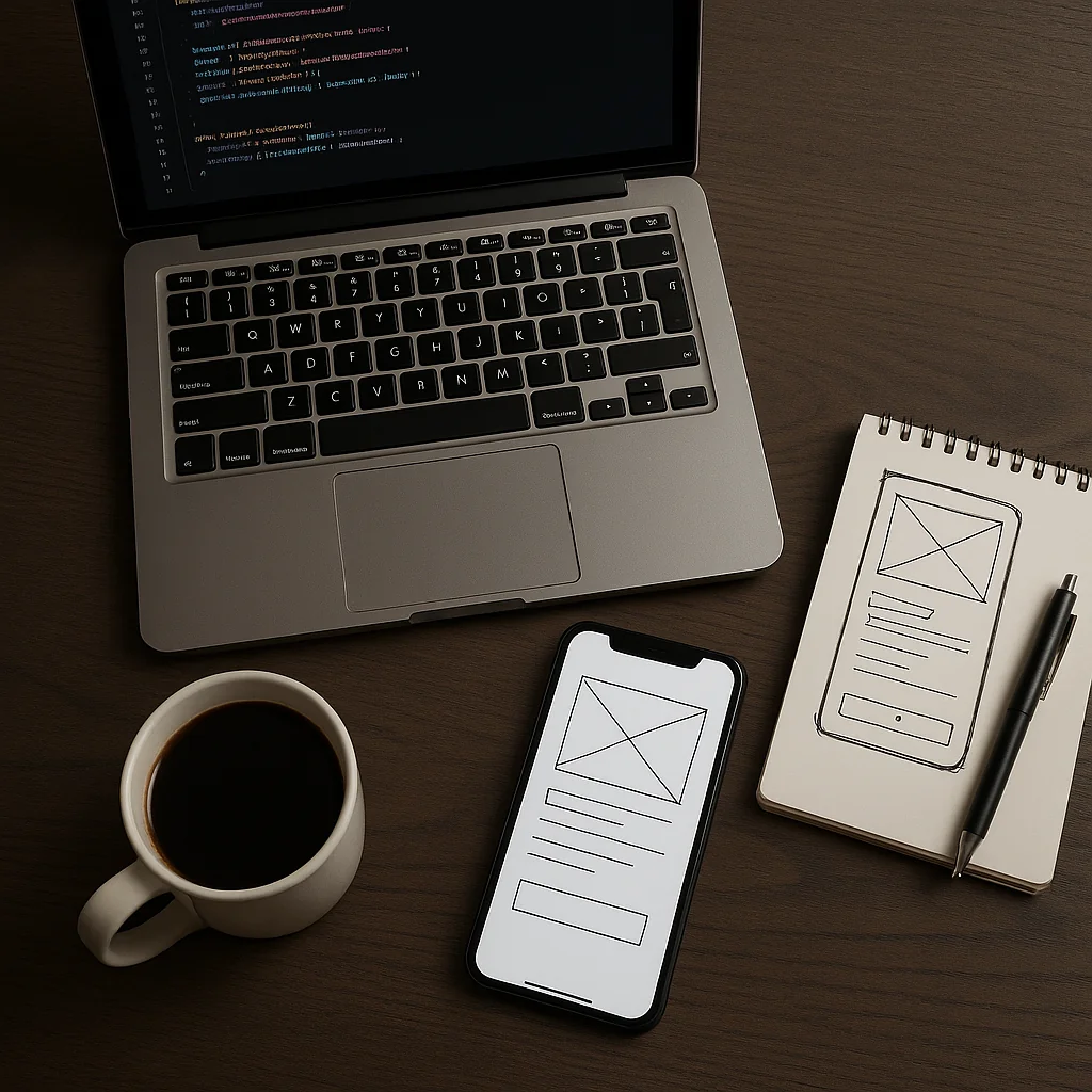 Minimalistische werkplek met laptop met code, smartphone met wireframe, notitieblok met schets en koffiemok.