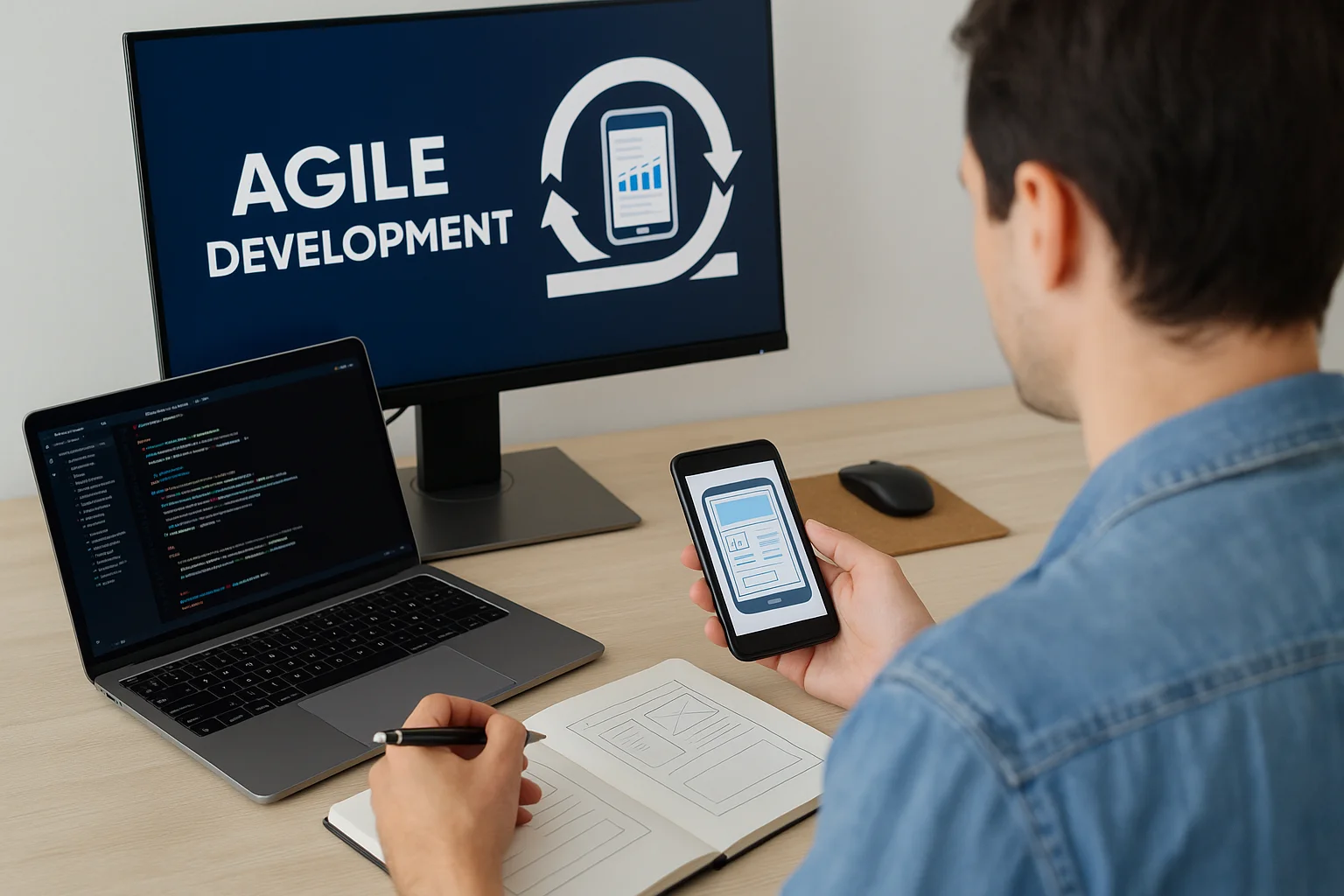 Ontwikkelaar aan het werk met agile app ontwikkeling in een moderne werkruimte.