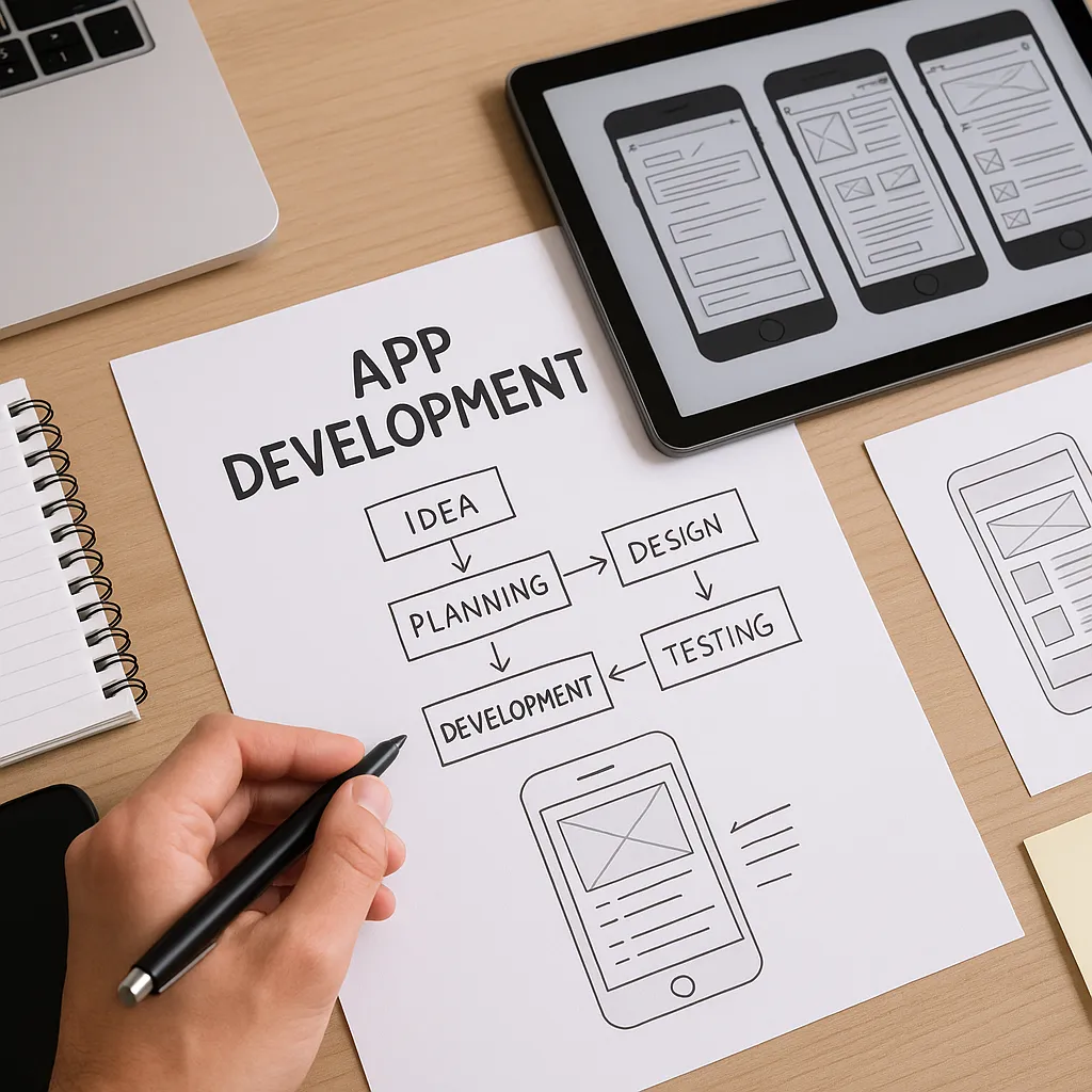 Moderne werkplek met wireframes en app-ontwikkelingsplan op bureau