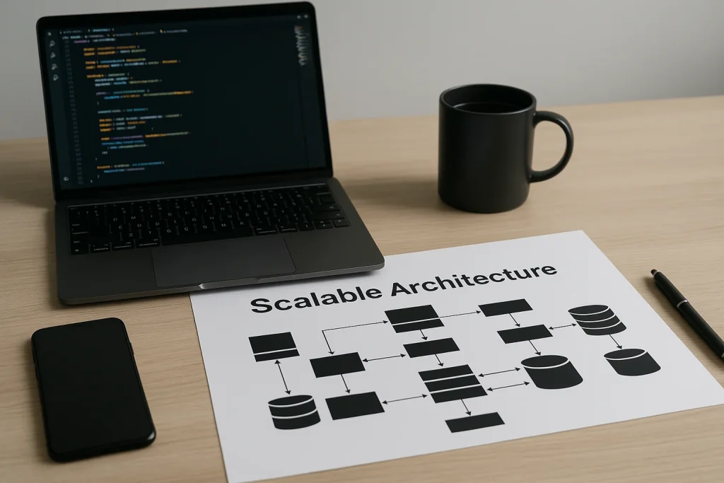 Moderne werkplek met laptop en diagram voor schaalbare architectuur.