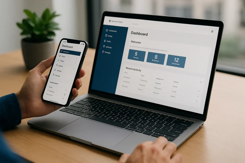 Dashboard op laptop en smartphone met overzicht van statistieken en recente activiteiten.