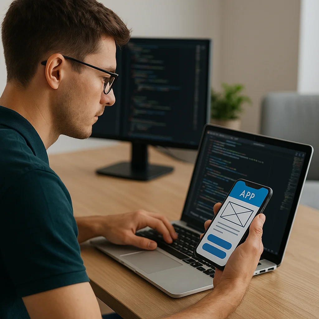App developer werkt aan mobiele app met laptop en smartphone.