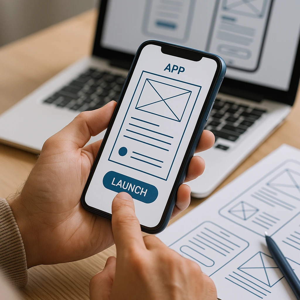 App-ontwikkelaar test een mobiele app op smartphone en laptop.