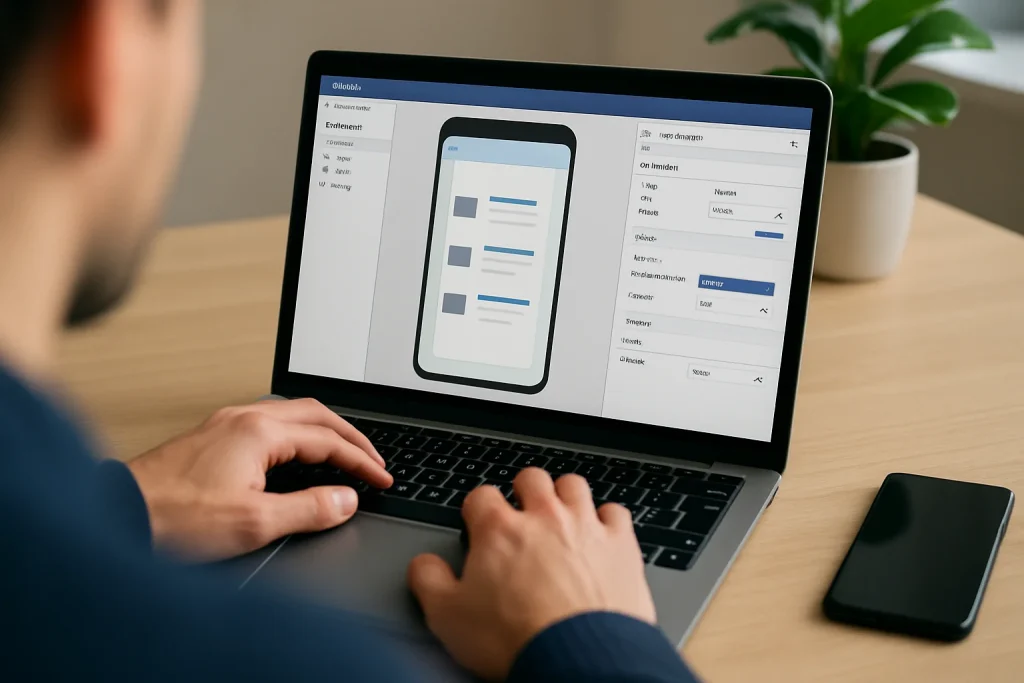 Ontwikkelaar werkt aan low-code app-ontwerp op laptop in moderne kantooromgeving