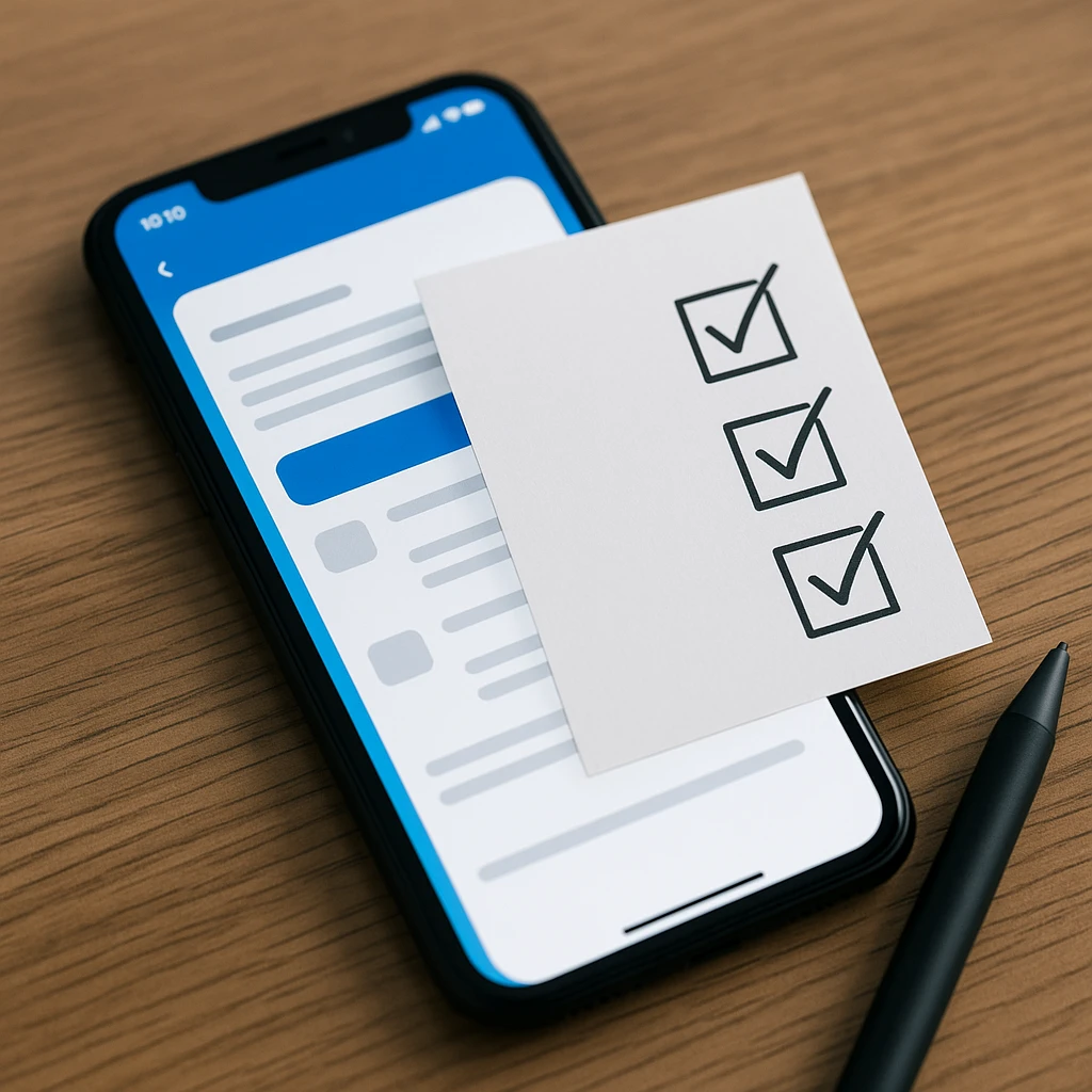 Smartphone met app-schermen op een houten tafel, naast een checklist met vinkjes.