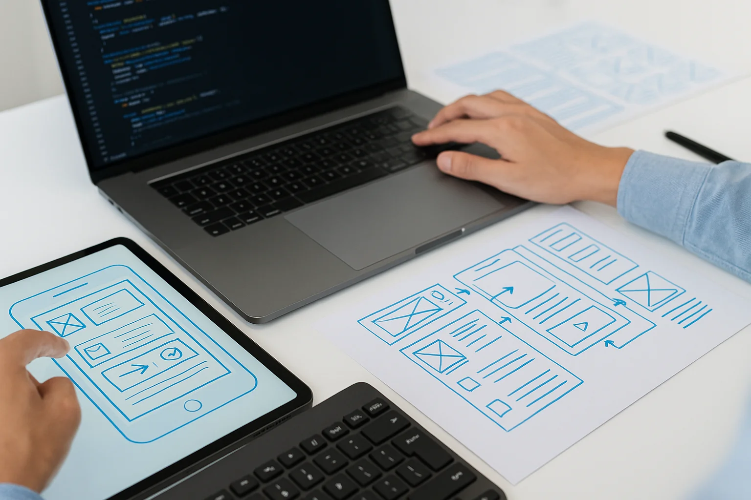 Ontwikkelaar werkt aan wireframes en appontwerp op laptop en tablet.