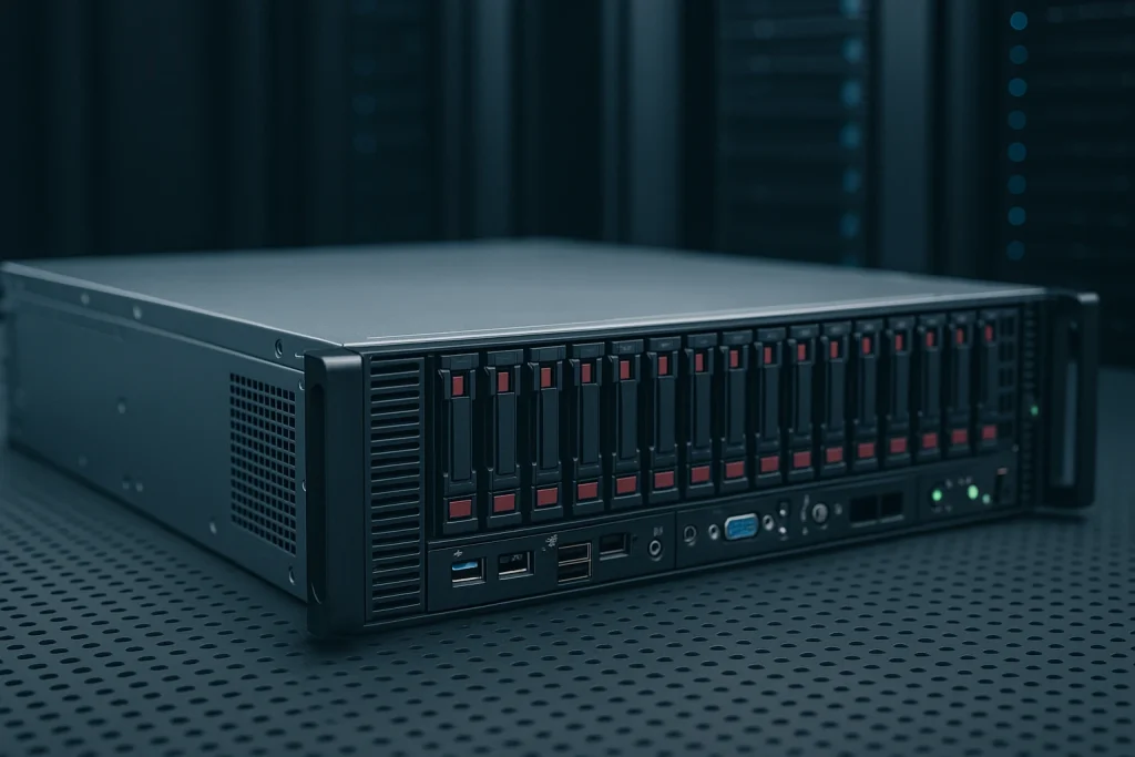 Dedicated server met meerdere schijven in een moderne datacenteromgeving.