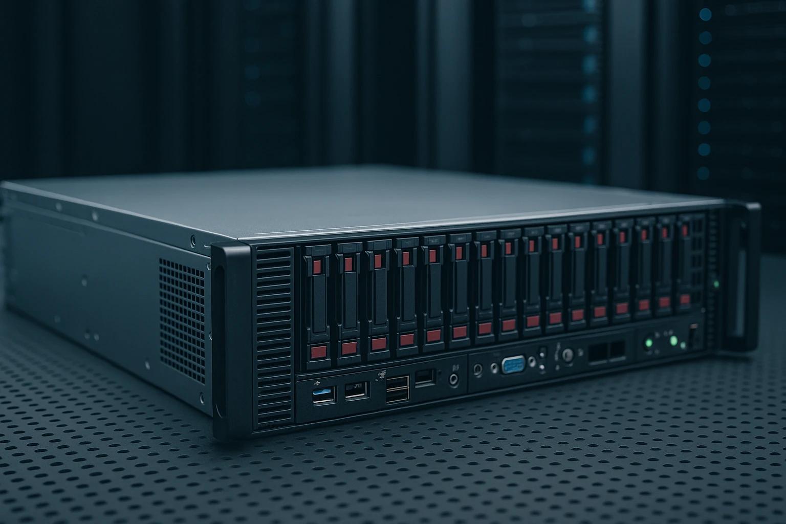 Dedicated server met meerdere schijven in een moderne datacenteromgeving.