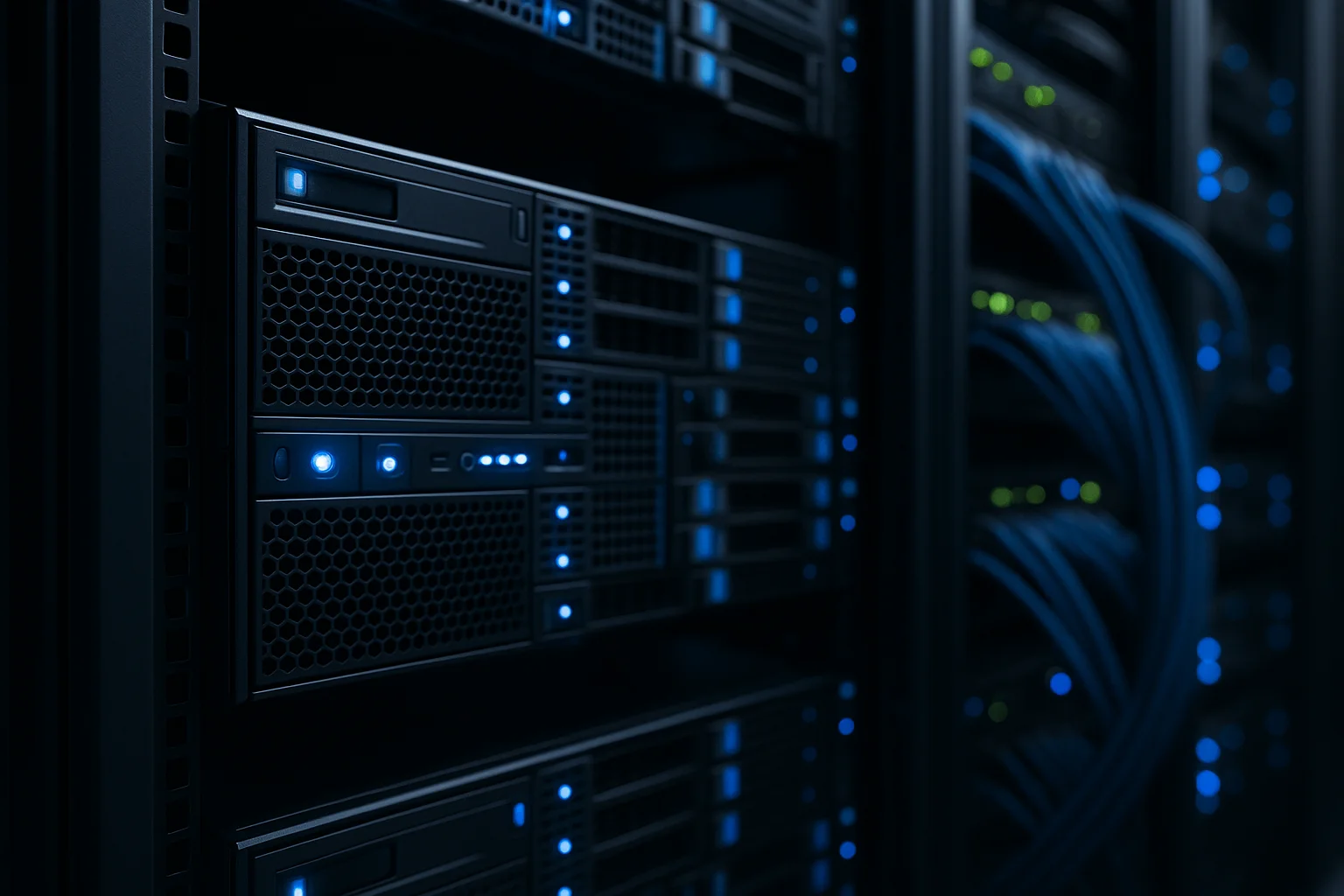 Moderne serverracks met blauwe verlichting in een datacenter.