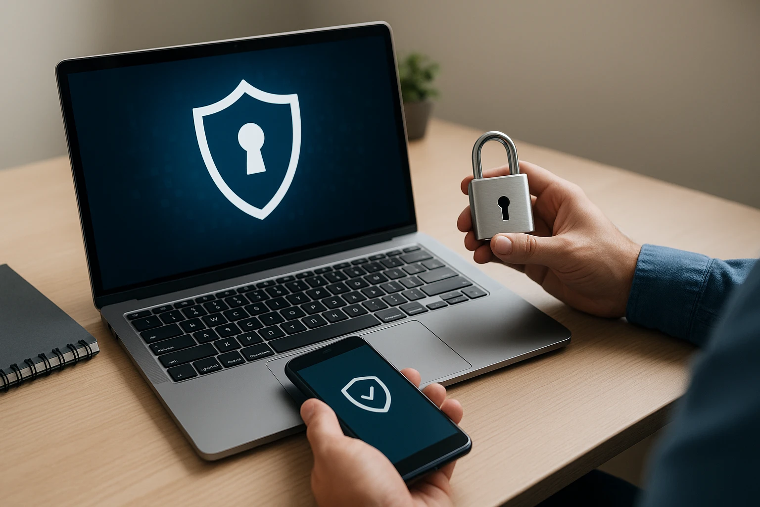 Laptop met beveiligingsicoon op scherm, smartphone en hangslot in handen.