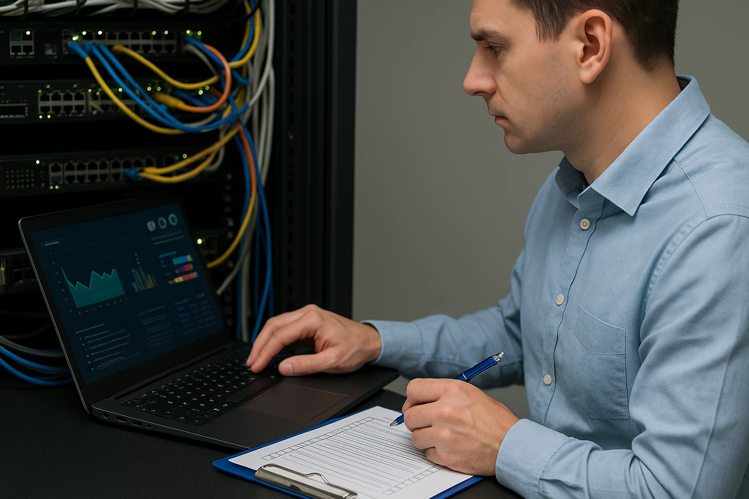 IT-specialist controleert systeemstatus op laptop naast serverrack.