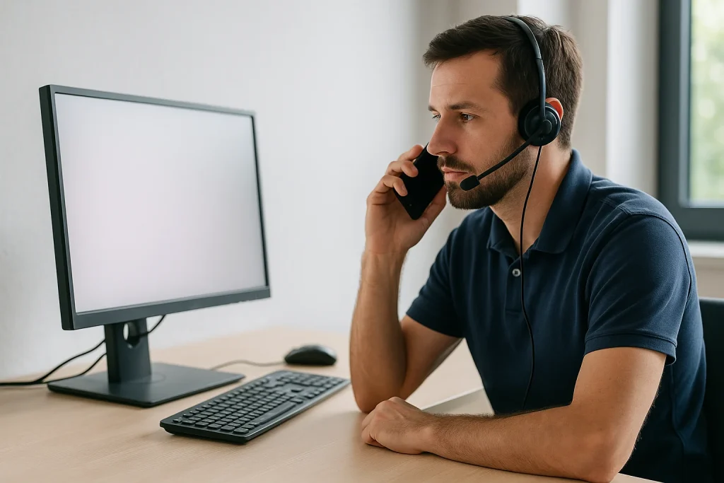 IT-supportmedewerker monitort servers en dashboards in moderne kantoorruimte.