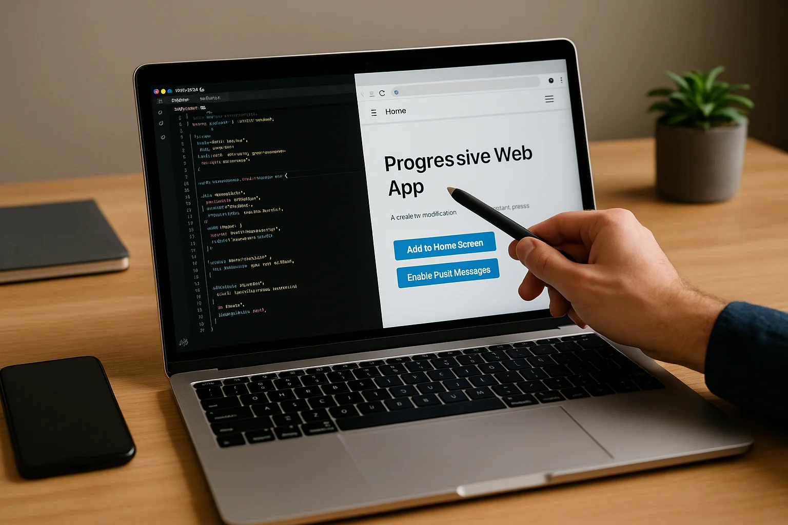 Ontwikkelaar werkt aan moderne webapp met code en design zichtbaar op laptop.