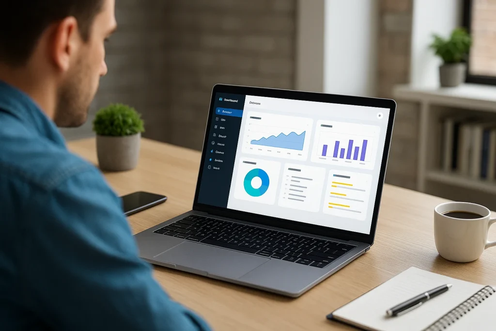 programmeur werkt aan laptop met dashboard in moderne kantooromgeving