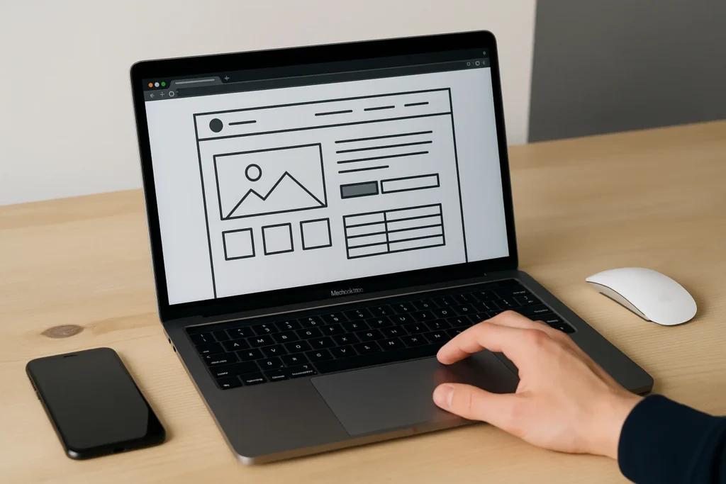 Webontwikkelaar werkt aan een moderne webapplicatie op laptop met UX-wireframes.