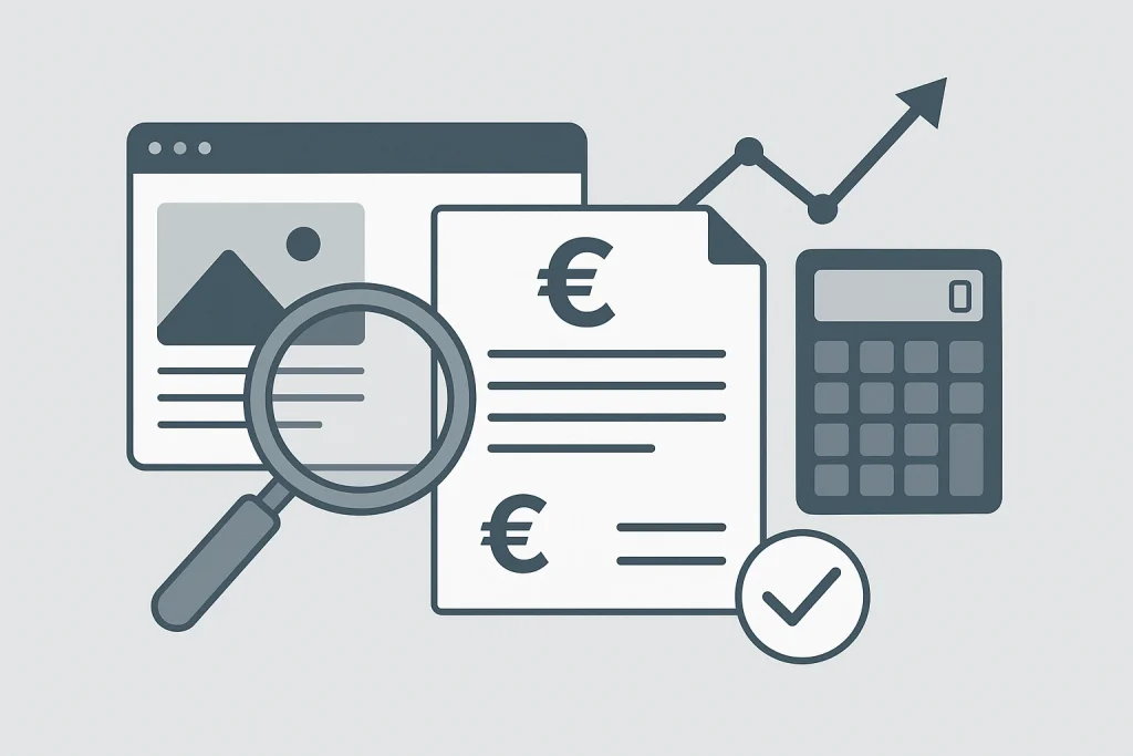 Illustratie van webdesignkosten met calculator, euroteken en websitewireframe.